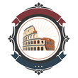 © InArch Design Studio - Colosseum badge logo template with Roman Colosseum landmark and rising sun in an ornate frame with ribbons for Italy travel tourism historical site and heritage branding