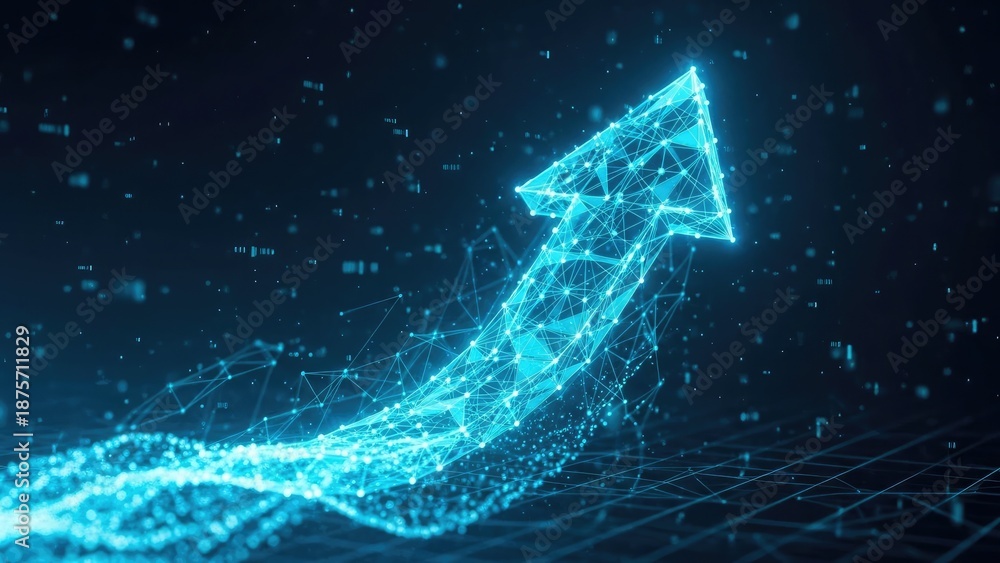 Glowing blue arrow pointing upwards in a digital network Stock Photo ...