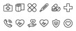 © Vladislav - Collection of twelve minimalist medical icons in a simple black outline style, featuring a first aid kit, bandage, thermometer, pills, heart, and emergency call symbol