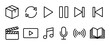 © Vladislav - Collection of multimedia and player control icons in a minimalist black line art style, including symbols for play, pause, music, video, podcast, and reading for UI design