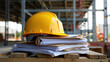© olgakris - Yellow hard hat on stacked construction files on pallets, safety helmet with plans, permits, site paperwork for project inspection, compliance records, site management, onsite operations