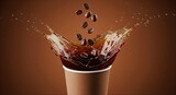 Rich brown coffee liquid splashes high from paper cup as dark roasted beans fall into center creating dynamic beverage photography