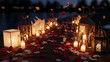 © malik studio - Romantic candlelit pathway with lanterns and rose petals at dusk by water Ai Generated
