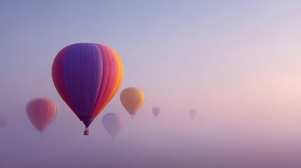  colorful hot air balloons flying in sky at sunrise, freedom and travel inspiration concept