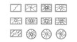 © JannatulFerdaus - Collection of outline icons representing broken glass in various forms, including rectangular and circular shapes with different crack patterns, suitable for graphic design, web, apps, and