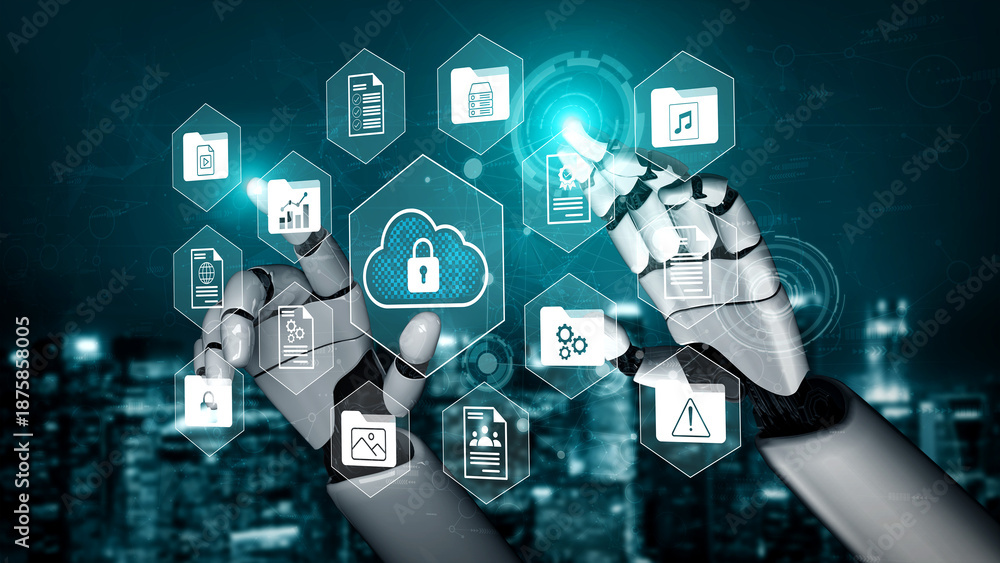 Futuristic robot hands engage with digital icons representing data ...