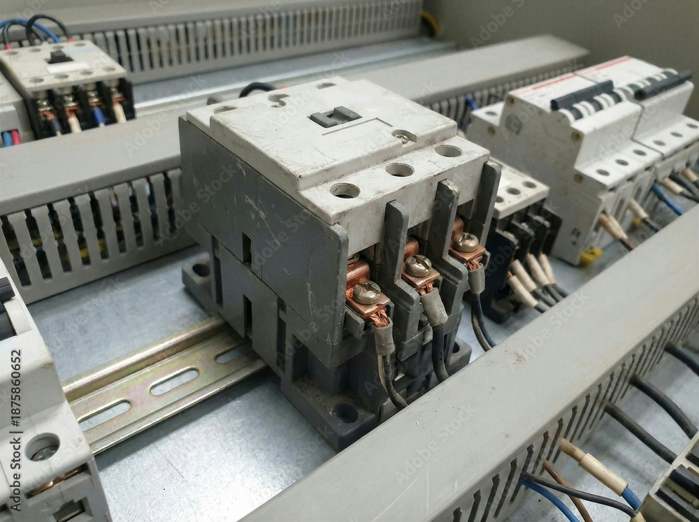 Switch Rack Mounted Contactor Panel Photo Stock Magnetic contactor mounted on DIN rail in industrial ...