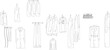 © Riki - Technical vector collection of clothing and accessory elevation symbols, featuring trench coats, dresses, t-shirts, belts, and neckties for professional retail displays and closet interior design.
