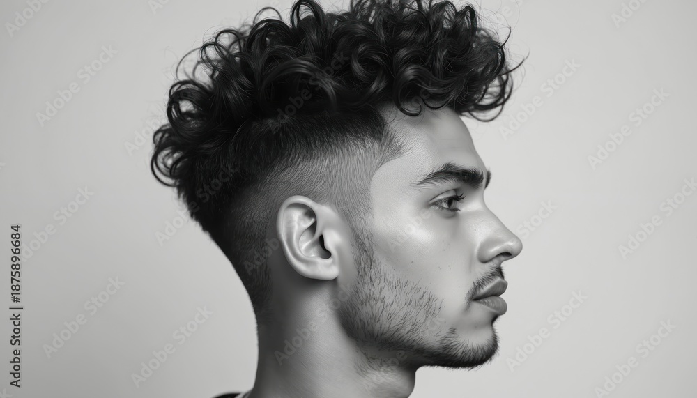 Young man with stylish curly hair and sharp jawline. Profile view shows ...