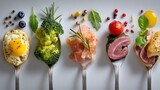 Assortment of gourmet foods served on spoons in a minimalist setting