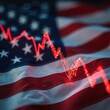 © miss irine - Red crisis graph descends over waving American flag. Economy plummets, dollar value drops. Financial market decline signals recession fears. Downward trend shows business struggles.