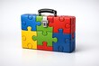 © Face Off Design - Colorful briefcase designed to resemble jigsaw pieces, featuring interlocking segments in red, blue, green, and yellow. The smooth surface highlights bold, distinct puzzle contours
