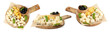 © New Africa - Charcuterie board with different types of cheese and olives isolated on white, set. Top and side view