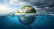 © solom - earth globe as a tropical island floating in the ocean with split view of underwater and stormy sky concept of climate change rising sea levels and global warming impact