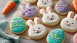 © InfiniteStudio - Easter cookies shaped like bunnies and eggs decorated with icing on parchment paper in spring setting