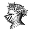 © Satoru Sketches - medieval knight's helmet wearing floral crown in vintage halftone stipple effect illustration