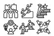 © AL - Six business icons representing teamwork success education leadership motivation partnership and problem solving graphic elements