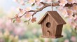 © bibap's - Paper cut-out composition of a birdhouse on a flowering cherry tree branch, spring nesting and new home beginning concept, 3d papercraft art