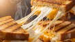 © mkaf78 - Close-up of a toasted grilled cheese sandwich being pulled apart, showing long, gooey strings of melted cheddar and mozzarella cheese