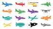 © David - Collection of colorful aircraft icons featuring various types of planes, a helicopter, drone, and rocket in a flat vector graphic style for transportation and travel concepts