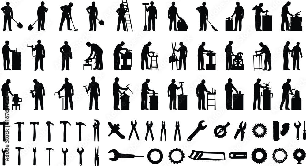Collection of Industrial Construction Worker Silhouettes and Hardware Tool Icons Set for Professional Manual Labor Maintenance and Repair Service Design