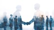 © Mi - Double exposure image of business people handshake on city office building in background showing partnership success of business deal. Concept of corporate teamwork, trust partner and work agreement.