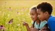 © mockup background - Curious Diverse Children Observing Butterfly on Wildflower in Sunny Meadow, Childhood Discovery, Nature Education and Exploration, Joyful Spring