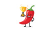 © Mimi - Spicy red chili pepper character with a happy expression holds up a gold winner trophy cup while winking on a plain white background.
