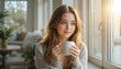 © M - “Young woman enjoying morning coffee near window at home'