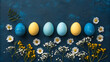 © Mobasser - A vibrant Easter display with colorful eggs and flowers on a dark blue background