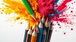 © robby - Vibrant explosion of colorful powdered pigments and sharpened pencils, symbolizing creativity and art supplies