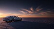 © aminsmart - Electric vehicle parked on a vast salt flat during a vibrant sunset offering scenic views of