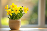 Żółte żonkile w doniczce ustawionej na parapecie w ciepłym wiosennym świetle.
