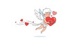 © Femke - Cute little cupid with wings flying while holding a large red heart with a love letter inside for a romantic celebration.
