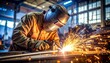 © wanna - A skilled industrial welder wearing a safety mask works in a factory, welding steel and metal to create bright sparks and an arc light during the manufacturing process