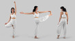 © olegphotor - Mockup of white wide pants, top for yoga, loose clothing on trainer in asana, full height front, side, back view, isolated on background. Set.