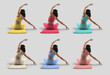 © olegphotor - Mockup of bright colored sports suit on trainer in asana, back view, floor cloth mat for yoga, isolated on background. Set