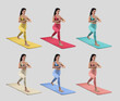 © olegphotor - Mockup of colored leggings, top on a woman in asana, on a floor cloth mat for yoga, isolated on background. Set
