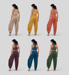 © olegphotor - Template of bright colored wide pants, top for yoga on a woman, full-length back view, isolated on background.  Set