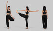 © olegphotor - Mockup of black wide pants, top for yoga on a woman in asana, front, side, back view, isolated on background. Set