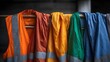 © Thares2020 - Colorful safety vests with reflective stripes hang on a rail in an industrial setting
