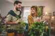 © Miljan Živković - Couple man and woman wife and husband take care of plants at home
