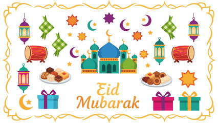  Vibrant Eid Mubarak celebration with mosque, lanterns, gifts, and sweets