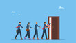 © yedsgn - Business people employee resign and walk through exit door. Great resignation, employee resign, quit or leaving company, people management or human resources problem.