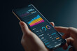 © misunderst00d - Hand holding smartphone displaying data visualization application with colorful graphs and charts on dark background