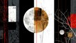 © DesignSells - Abstract circular moon collage with bare trees in black white red tones under studio lighting