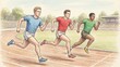© zakiroff - Three male athletes in colorful sportswear sprinting on a track, showcasing determination and speed, with a stadium and trees in the background, illustrating competitive spirit