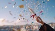 © forenna - A festive celebration scene shows a graduation cap flying above while a rolled diploma is held proudly, surrounded by a vibrant shower of colorful confetti, symbolizing success and achievement.