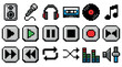 © Graphic Genius - Set of retro 8-bit music icons featuring a speaker, microphone, headphones, cassette, vinyl record, and various media player control buttons for play, pause, and stop