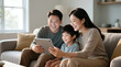© Zucide - Digital connection on family lifestyle of parents with children for technology education and modern living use on living room moment warm interaction